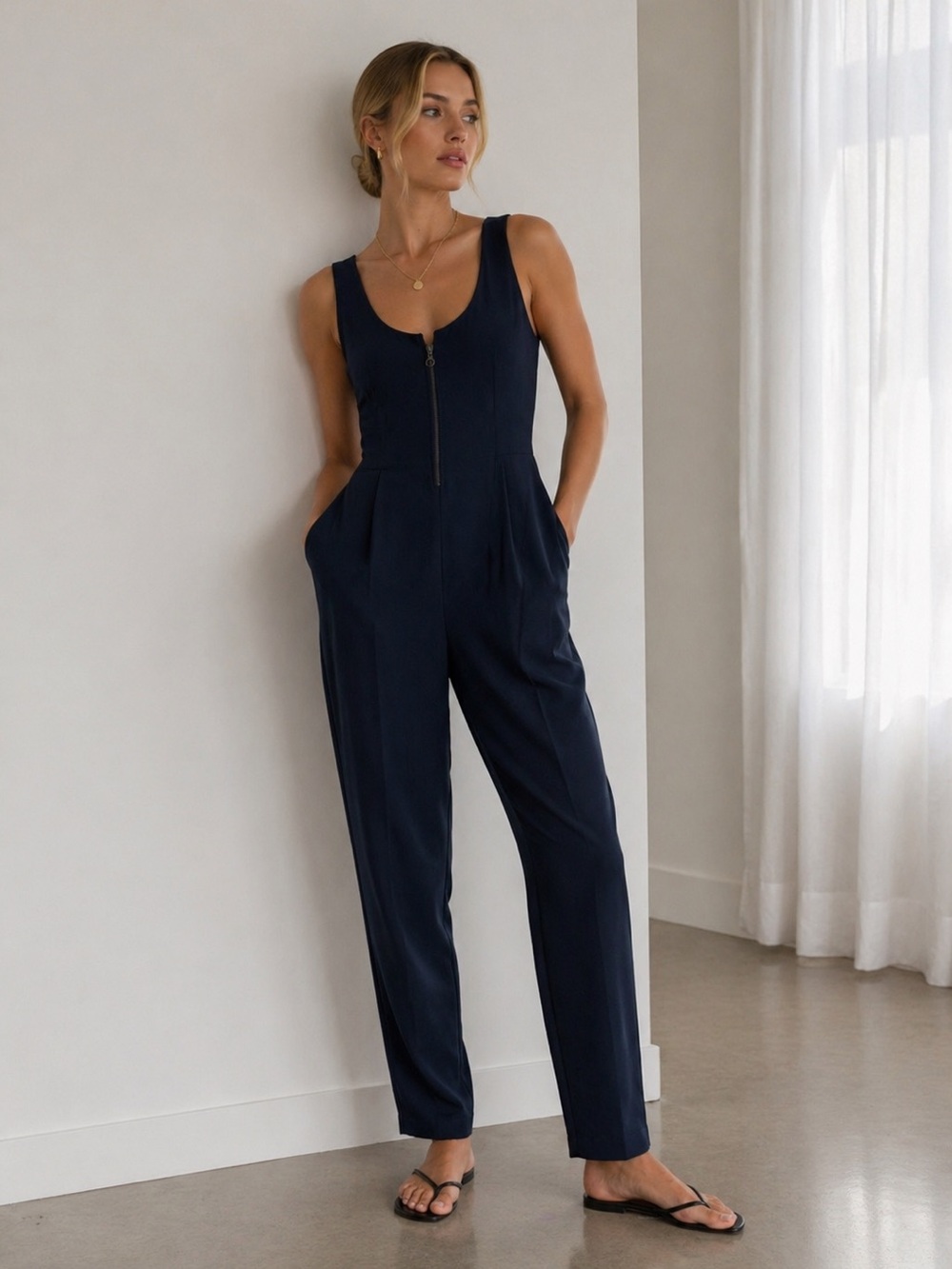 Karen Kane Midnight Blue Sleeveless Zip Front Jumpsuit Minimalist and Layering